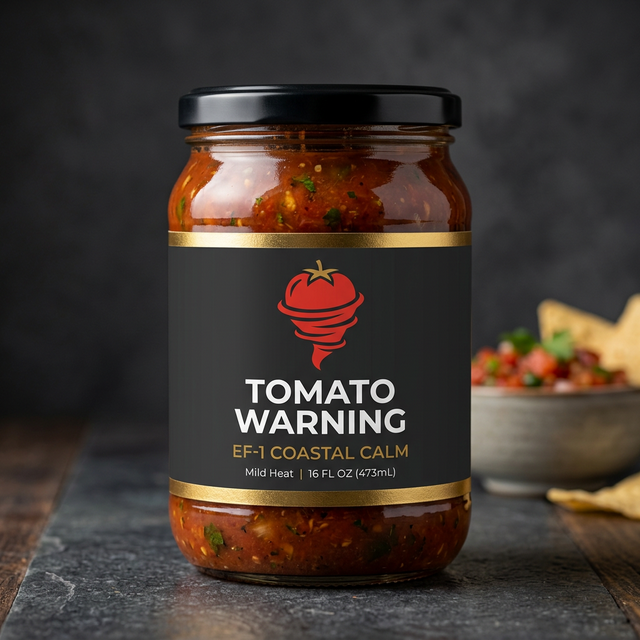Jar of Tomato Warning Coastal Calm EF-1 salsa with a golden-yellow label