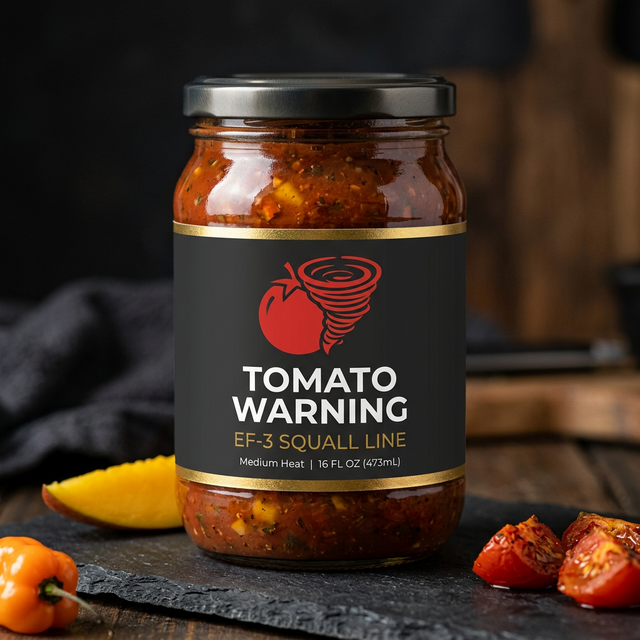 Jar of Tomato Warning Squall Line EF-3 salsa with a deep red label