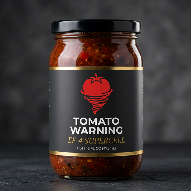 Jar of Tomato Warning Supercell EF-4 salsa with a dark crimson label