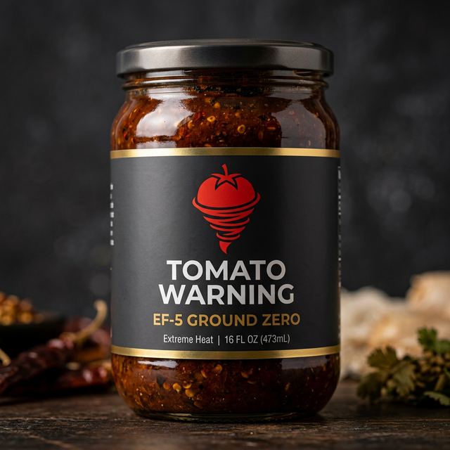 Jar of Tomato Warning Ground Zero EF-5 salsa with a near-black label